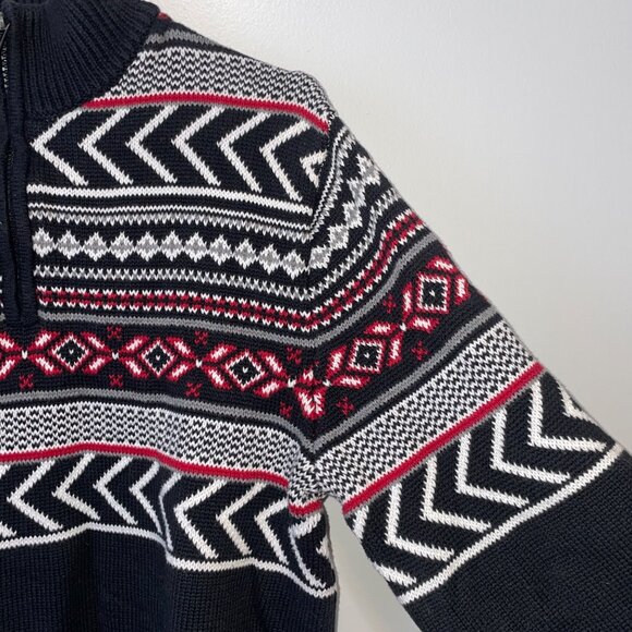 Chaps Cotton Half-Zip Mens Sweater With Nordic Pattern In Black White & Red - Si - Picture 2 of 7